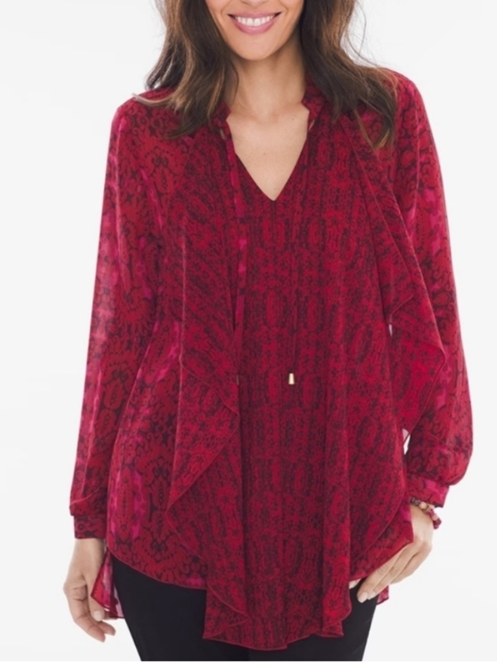 Chicos Long Sleeve Ruffle Overlay Front Flowy Blouse Red XL